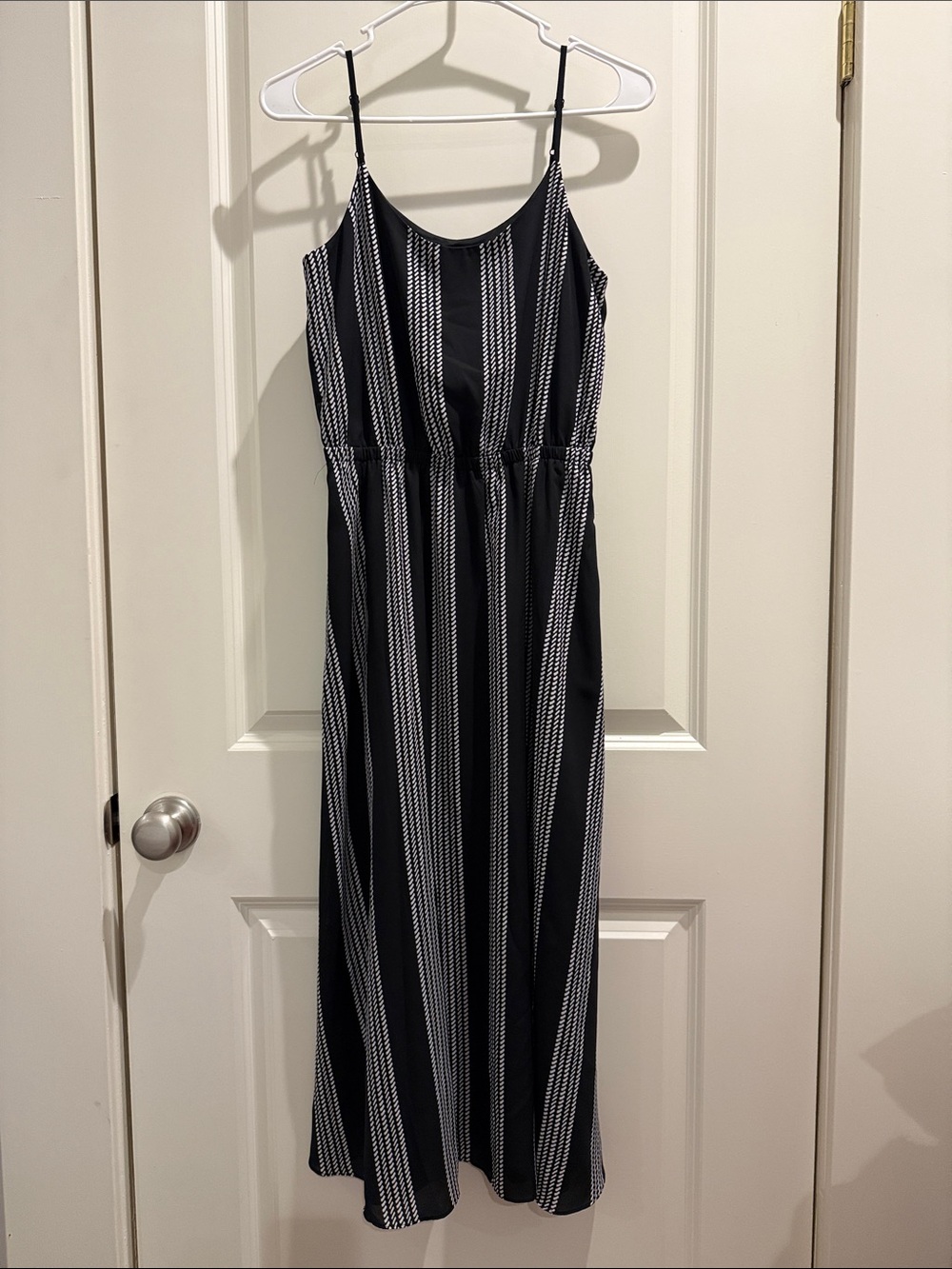 Anne Klein Black & White Striped Spaghetti Strap Maxi Dress